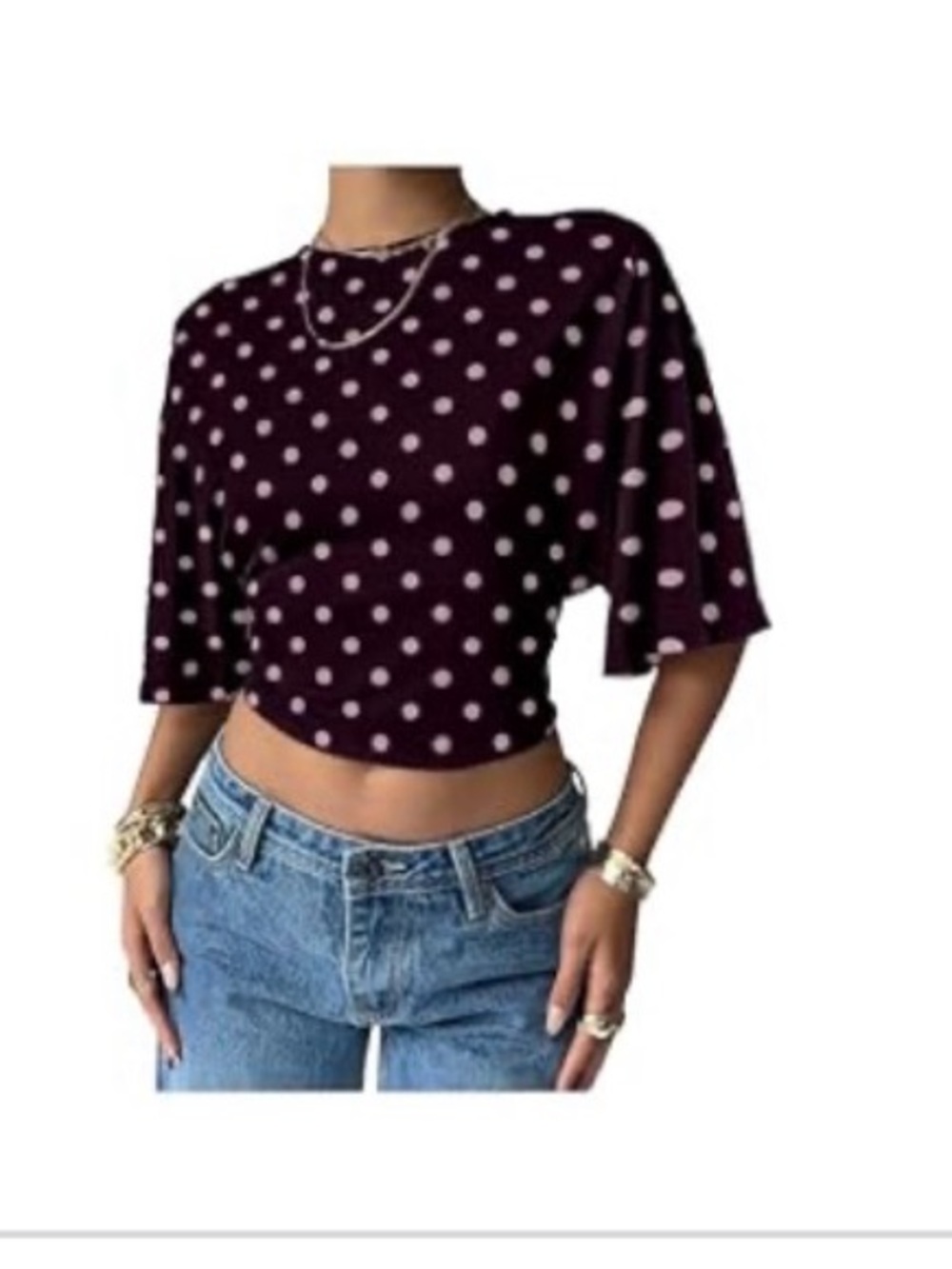 Women’s Polka Dot Cropped Tee - Black with Light Pink Dots